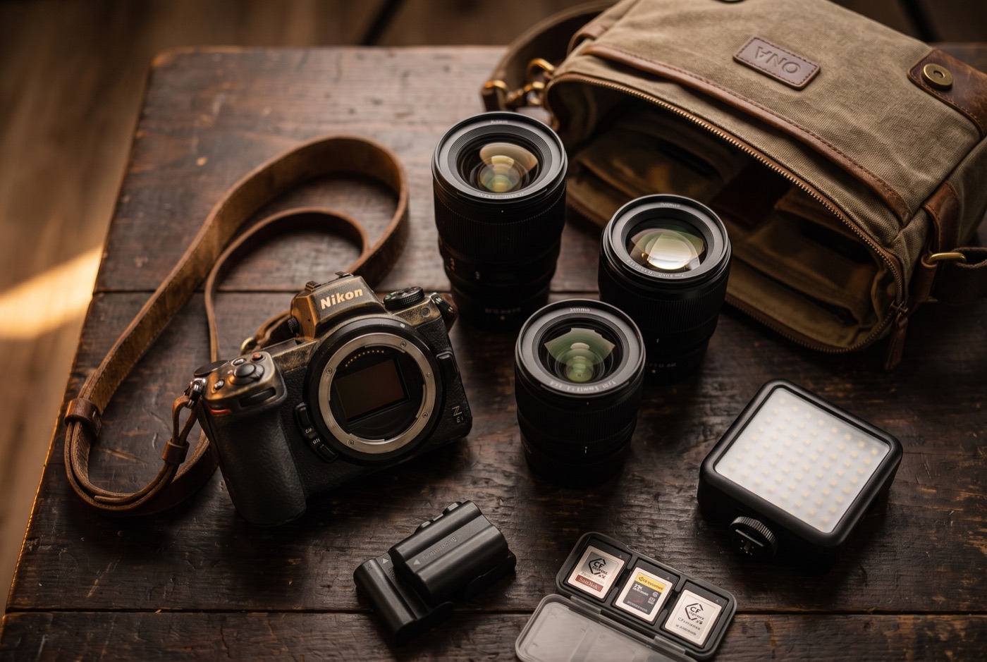 Professional event photography kit — camera, lenses, bag and portable lighting