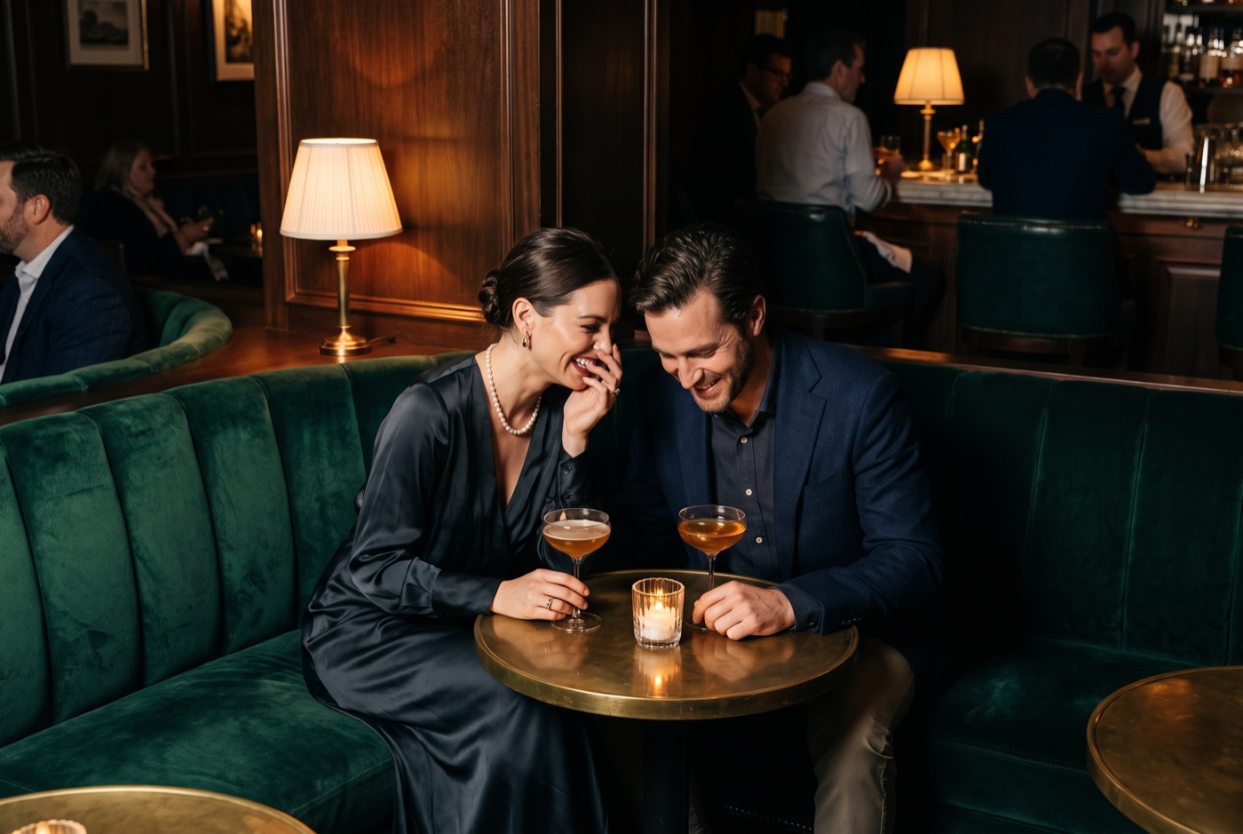 Couple present in a velvet lounge