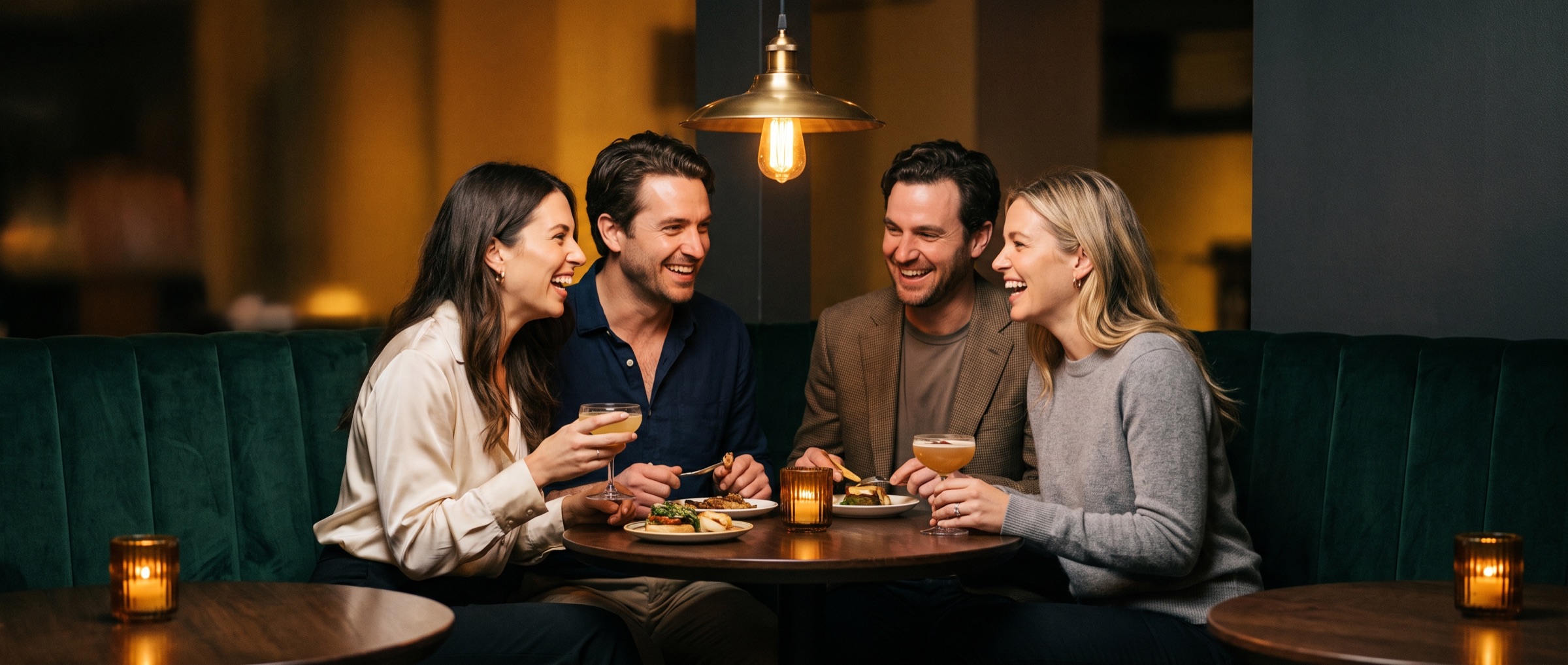 A candlelit table of friends raising glasses, fully present