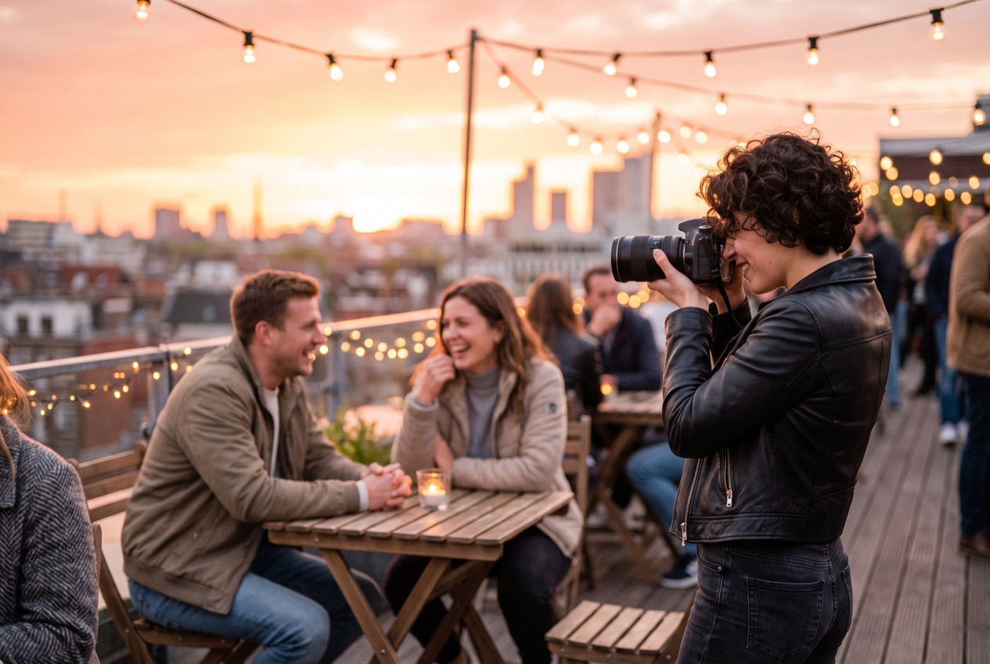 Photographer capturing a couple at a rooftop restaurant at golden hour