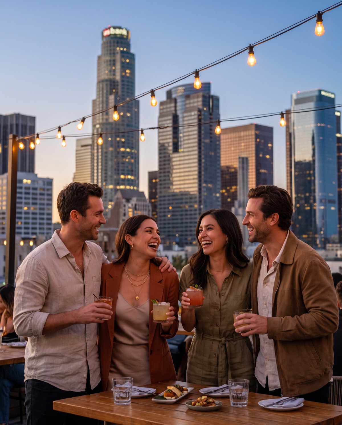Stylish friends laughing at a rooftop bar in downtown LA